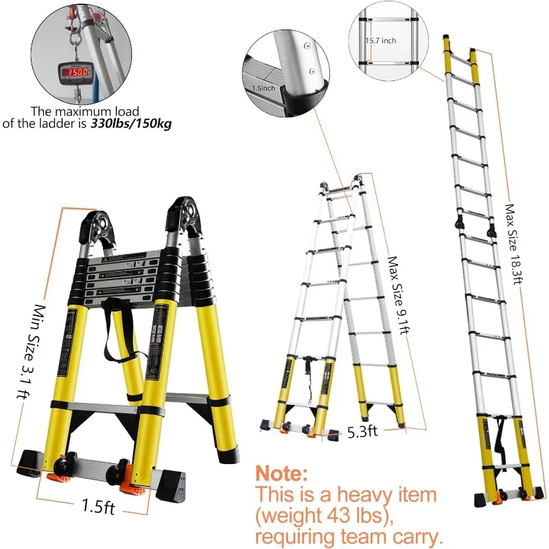 20FT Telescoping Ladder w. Stabilizer/Wheels/Cargo Hold Adjustable Folding Extension Ladders A Frame 8 + 8 Foot Stepladder