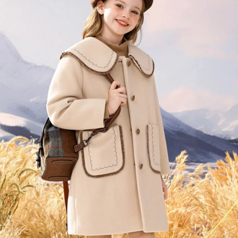 

Girls Woolen Coat Overcoat Jacket Windbreak 2023 Beige Warm Thicken Winter Cotton Party Plus Size Children's Clothing