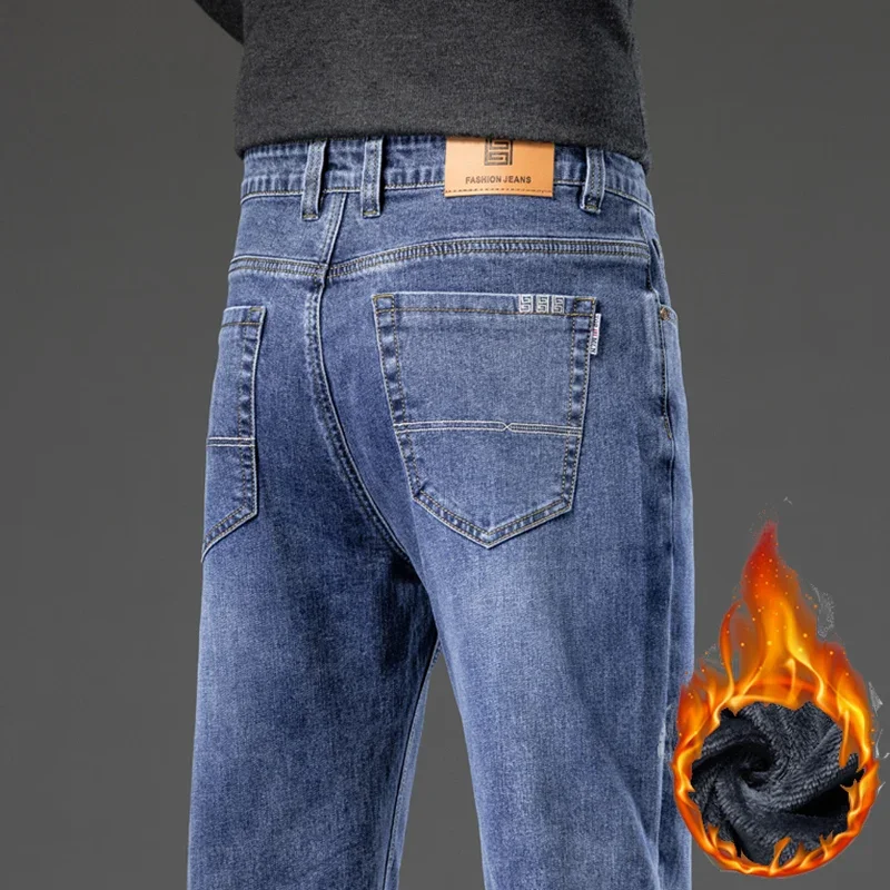 Winter Men Warm Flannel Stretch Straight Jeans Casual Fleece Baggy Pants Classic Plus Size Denim Trousers Male Brand Clothing 4