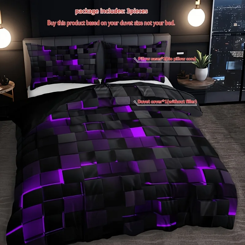 3 Set of Technology Plaid down Quilt Cover，Breathable polyester，Suitable All Seasons，Digital Printing，Washable，Woven