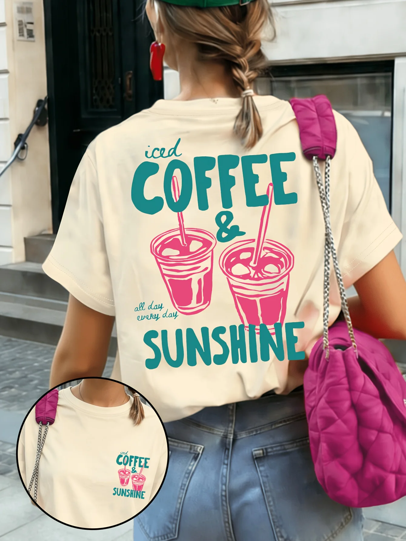 Summer New Iced Coffee & Sunshine Graphic Print Cotton T-shirt For Women Short Sleeve Tees Casual Clothes Oversized Unisex Tops 4