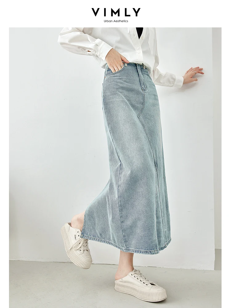 

Vimly Women's High Waist Long Denim Skirt for Women 2023 Autumn Fashion A-Line Deep Split Midi Jeans Skirt Woman Clothes 72023