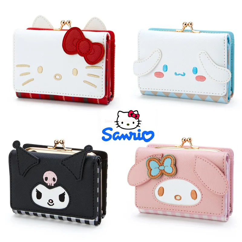 

Kawaii Hellokitty Cinnamorol Kuromi My Melody Pu Women's Leisure Short Wallet Mld Anime Figure Shape Buckle Card Bag Girl Gift