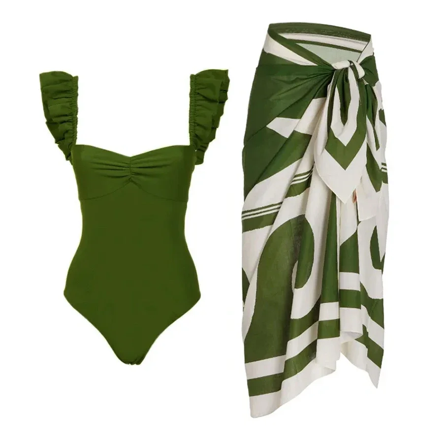 Printed Bikini Set With Cover Up V-Neck Shoulder Ruffled Swimwear High Waist Biquini Sexy Swimsuit Women 2024 Bathsuit Beachwear