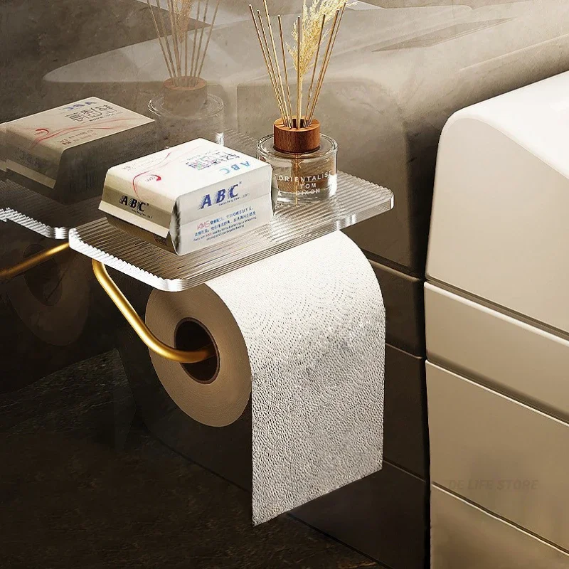 Luxury Gold Toilet Paper Holder with Shelf No Punching Acrylic Roll Paper Holder Tissue Hanger Bathroom Accessories 2