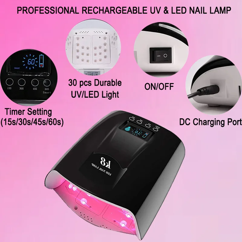 lampara de unas UV recargable luz UV portatil para unas K8 LED Nail Lamp with 33 LED Beads and 4 timer setting White 3