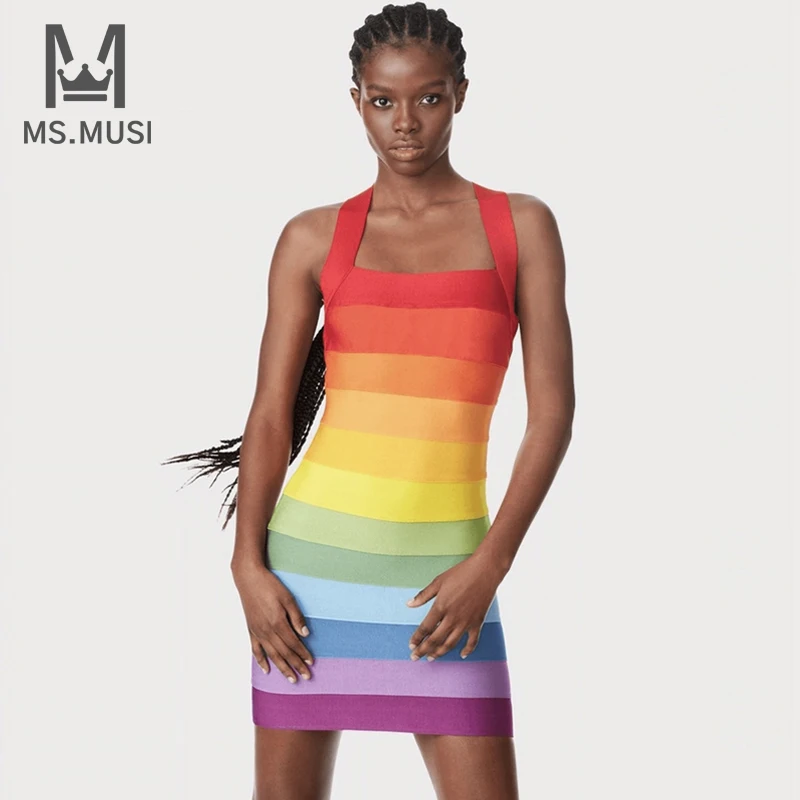 

MSMUSI 2023 New Fashion Women Sexy Halter Coloured Patchwork Sleeveless Backless Bandage Party Club Bodycon Event Mini Dress
