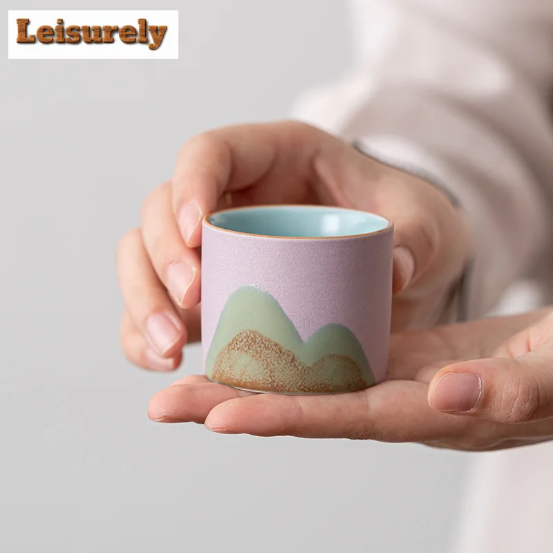 4pc/set Handdrawn Mountain Tea Cup Japanese Coarse Pottery Master Cup Meditation Cup Chazhan Set of Cups Water Jug Gift Box Set