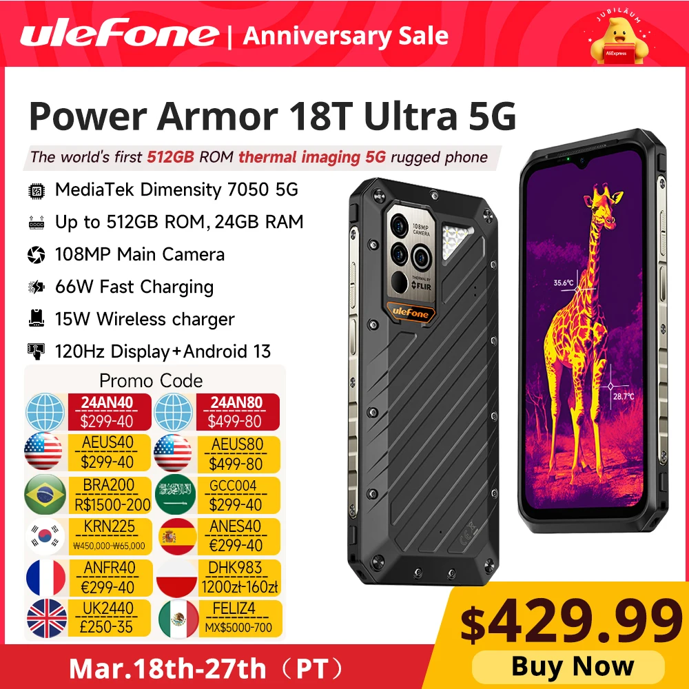 [Estreno mundial] Teléfono resistente Ulefone Power Armor 18T Ultra 5G 512 GB de ROM + 24 GB de RAM Cámara de imágenes térmicas Teléfono inteligente FLIR® 9600 mAh 66 W, NFC, carga inalámbrica de 15 W, 108 MP, teléfono