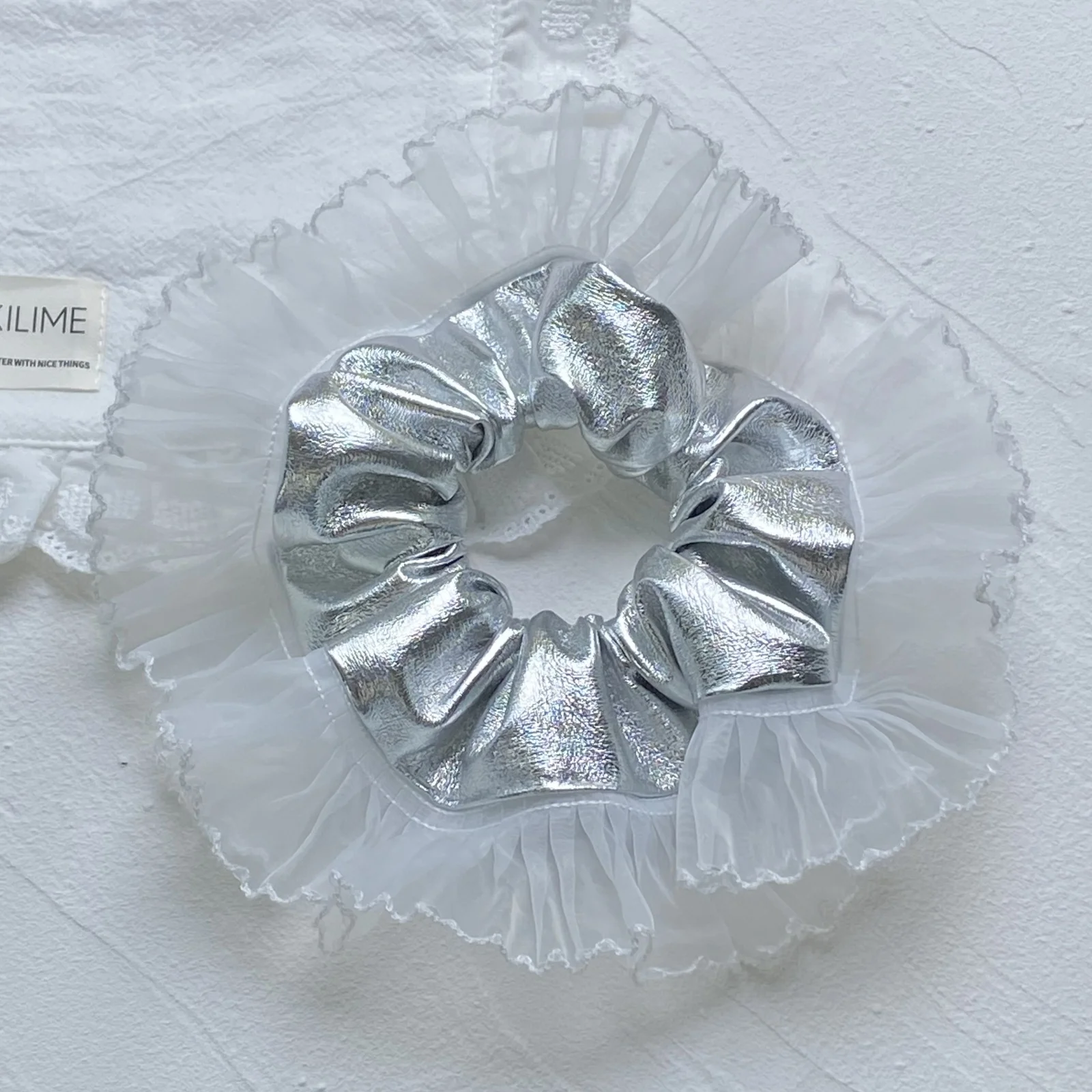 1PC  INS - Style Hair Scrunchies, Silver PU Leather With Pink Organza, Korean - Japanese Design, Chic Hair Bands