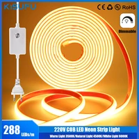 220V Dimmable COB LED Neon Strip Light 288Leds/M IP67 With Switch/Dimmer EU Plug Flexible Adhesive Tape for Home Garden Lighting 1