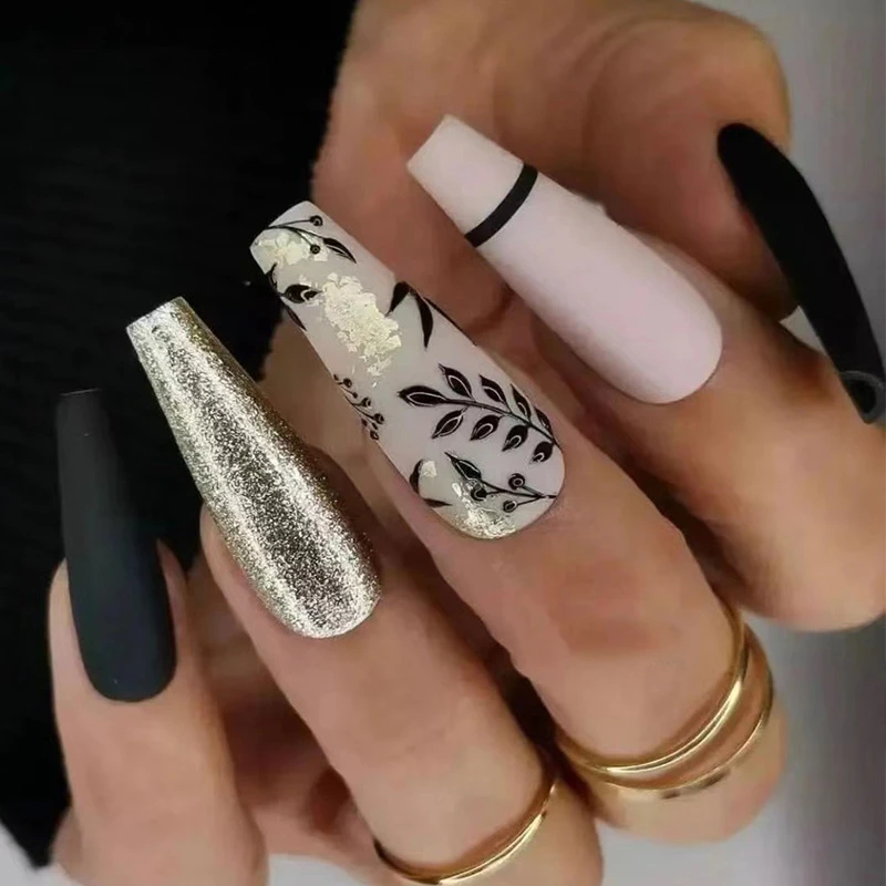 Uñas postizas doradas de 24 piezas con diseño de hojas, uñas postizas de  estilo Ballet, cobertura completa| | - AliExpress