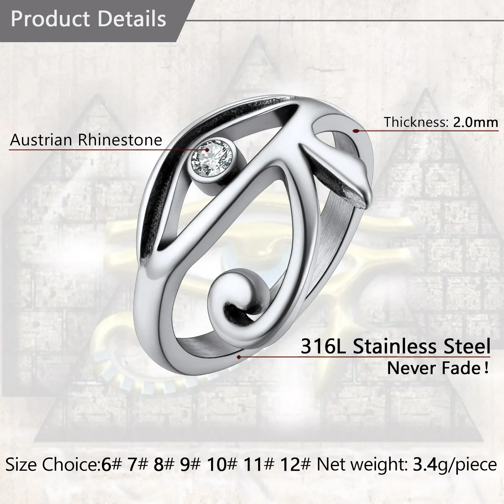 U7 CZ Stainless Steel Eye of Horus Ring Black Gold Color Ancient Egyptian Protection Amulet Jewelry Mens Signet Size 7 To 14 - Image 6