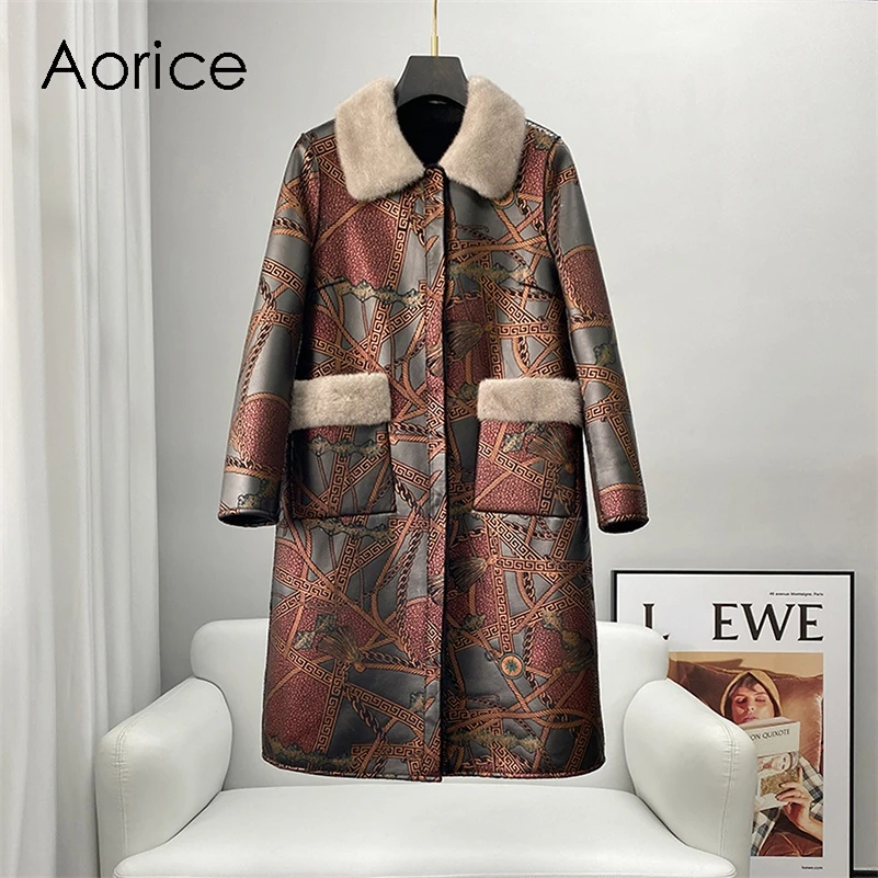 

Aorice Women Luxury Wool Lining Long Coat Jacket Trench Winter Warm Female Mink Fur Collar Over Size Parka CT2139