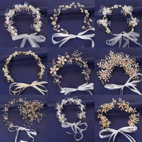 Gold Color Flower Leaf Hairband Tiara For Women Party Crystal Pearl Headband Bridal Wedding Hair Accessories Jewelry Comb Band