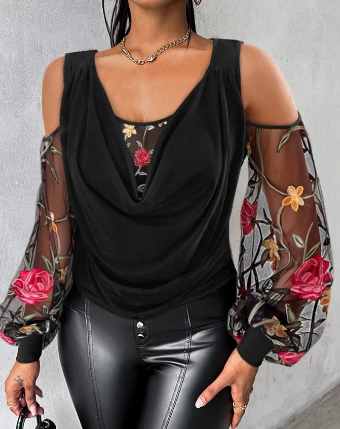 

Women Lantern Sleeve Top 2024 Elegant Fashion Blouses Tops Straps Floral Embroidery Patch Ruched Cold Shoulder Sheer Mesh Tee