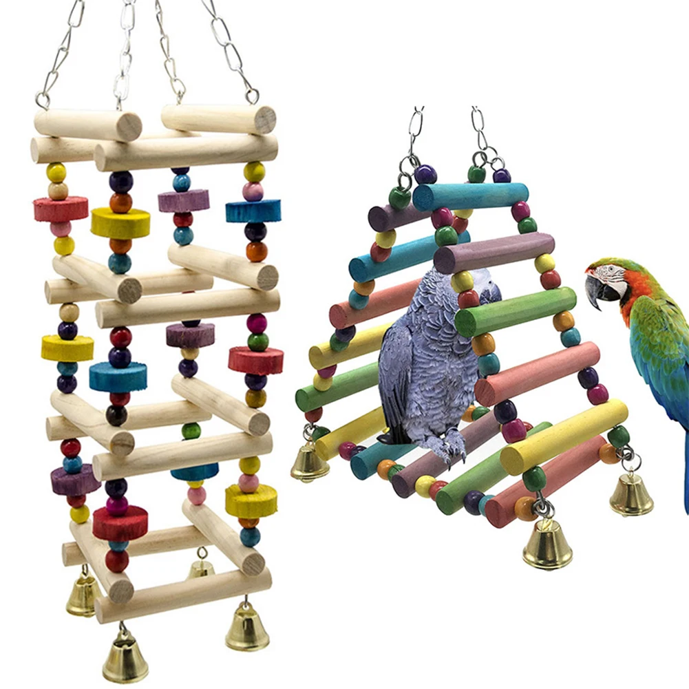 Parrot Hanging Wooden Rainbow Climbing Ladder Toy With Bells Bird Cage Accessories For Large Small Birds Toys 1 Set
