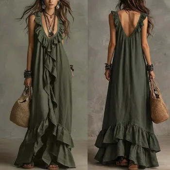 Elegante Abito Lungo Senza Maniche con Scollo a V, Tinta Unita, con Volant e Orlo Irregolare, Ideale per la Spiaggia e le Uscite