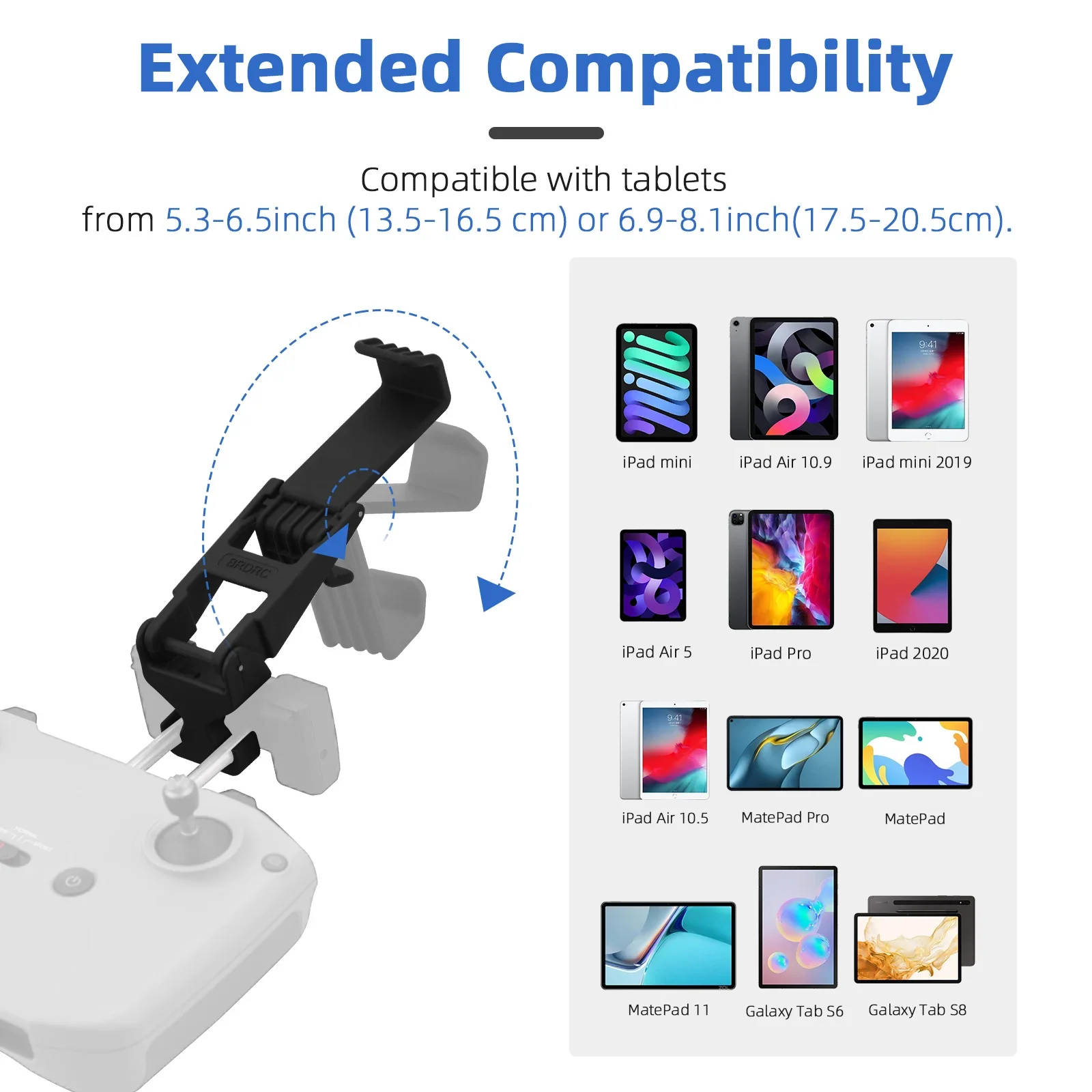 Tablette de 8 pouces installée sur le support pour radiocommande DJI RC-N1 et RC-N2, vue de côté.