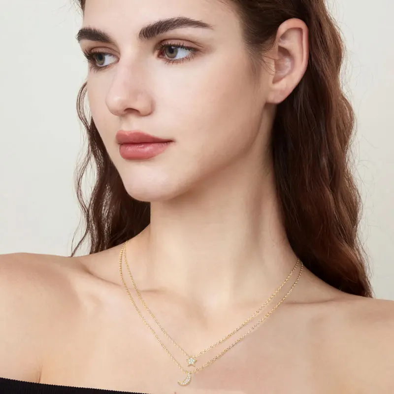 Moon Star Pendant Moissanite Diamond Necklace 925 Silver Double Layer Chains for Women Engagement Wedding Jewelry