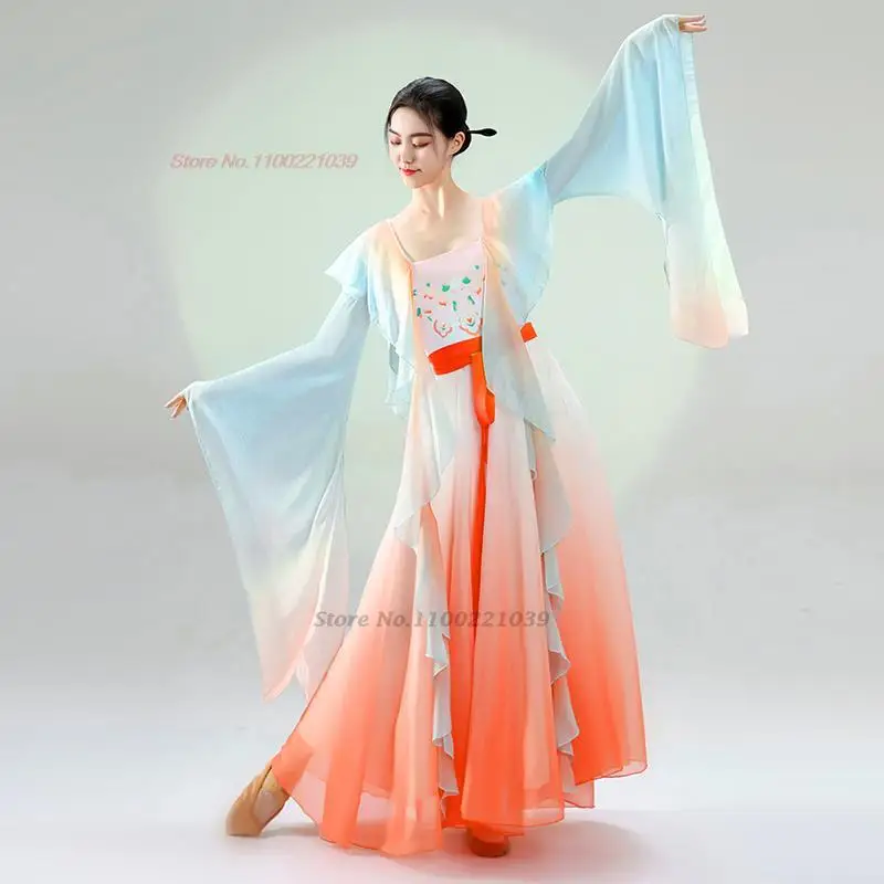 

2024 женское платье, ретро костюм для народного танца, платье для выступления на сцене, восточное платье с градиентом, танцевальное платье ханьфу