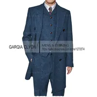 3 Pieces  Men's Suits Formal Single Breasted Slim Fit Herringbone Tweed Wool Middle Long Style  Groomsmen (Blazer+Vest+Pants) 2