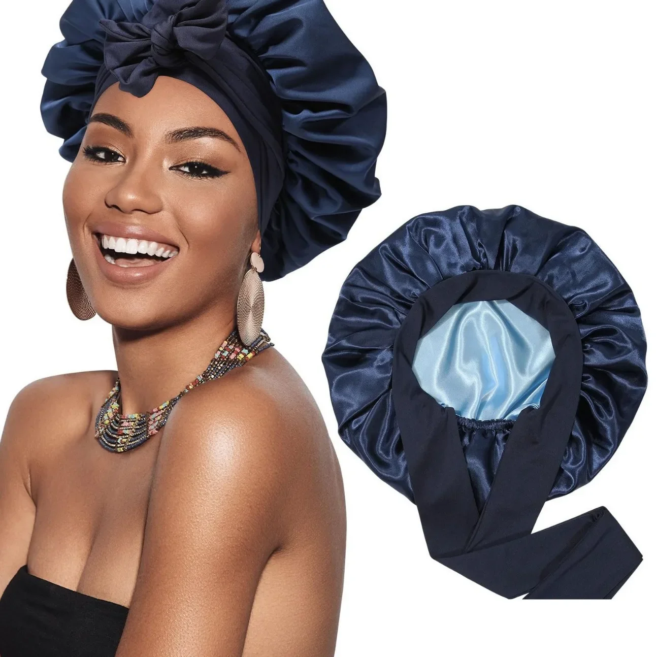 Women Double Layer Satin Sleep Cap with Ribbon Bow Wide Brim Bonnets Hair Care Scarf for Beauty Reversible Head Cover Night Hat 2