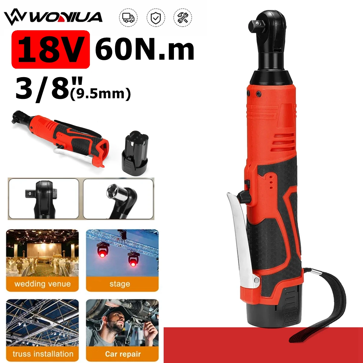 WONIUA 60N.m 18V 무선 전기 스크루드라이버 렌치 3/8 인치 직각 래칫 렌치 제거 나사 너트 자동차 수리 도구