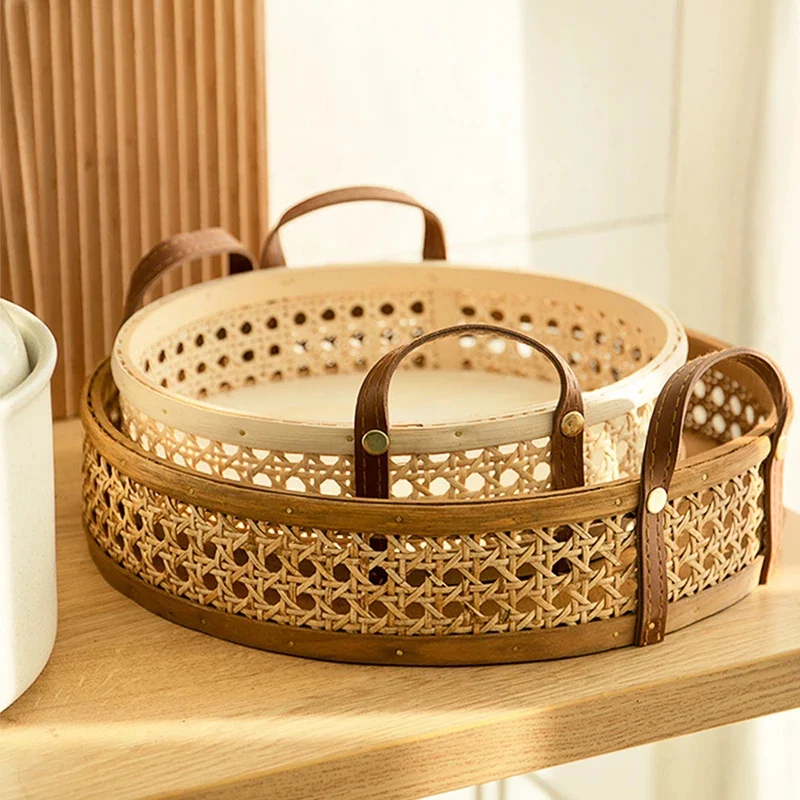 

Nordic Wicker Trays Kitchen Storage Basket Hand-woven Rattan with Handle for Fruit Bread Sundries Flower Girl Basket Organizer