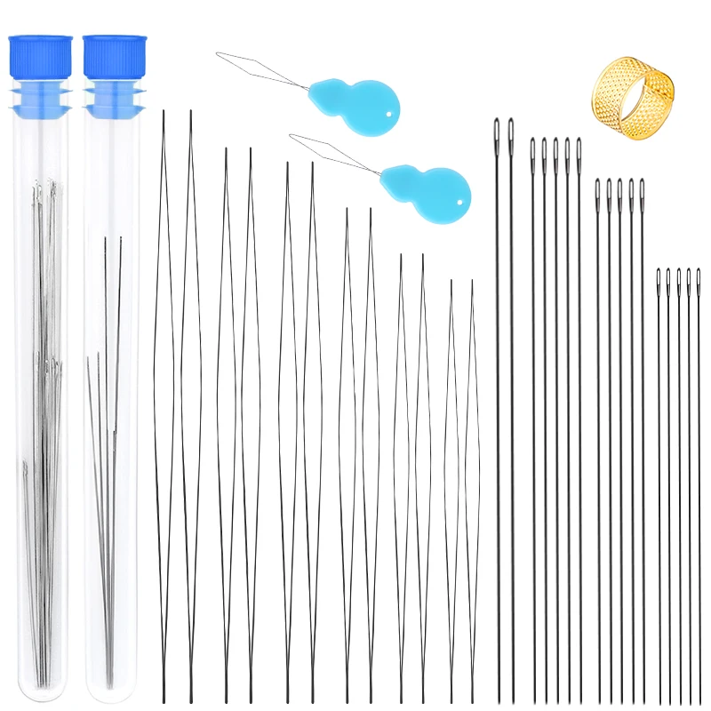 

Fenrry 34Pcs Beading Needles Set with Central Opening Curved Beading Needles Straight Beaded Needles Needle Threader Thimble