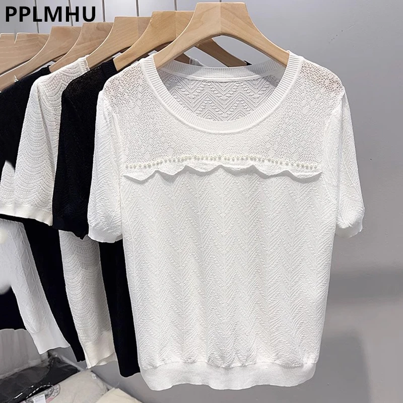 

Beading Short Sleeve Knitted Tshirts Women Casual Hollow Out Ice Silk O-neck Tee New Korean Summer Elegant Knitwear T Shirt Tops