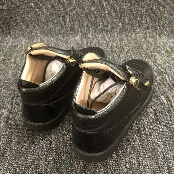 High Top Stone Pattern Men Loafer Leather Lace-Up Zipper Youth Sport Shoes Fashion Round Toe Flats Sneakers Man Black Color 3