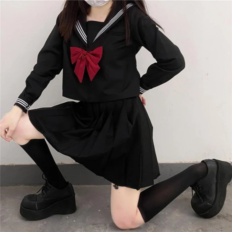Japanese Schoolgirl Skirt Japanese School Uniform Girls Plus Size Jk Suit Red Tie Black Three Basic Sailor Uniform Women Long Sleeve Suit