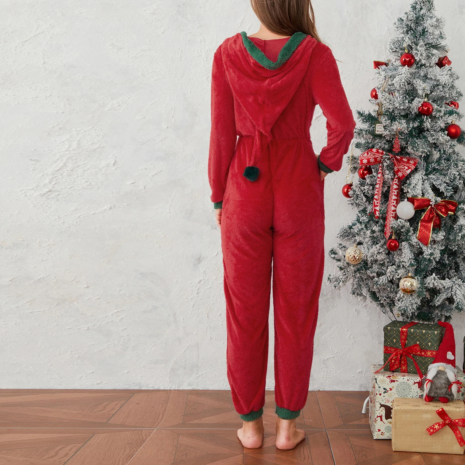 Women Christmas Hooded Pajama Coral Fleece Solid Color Zipper