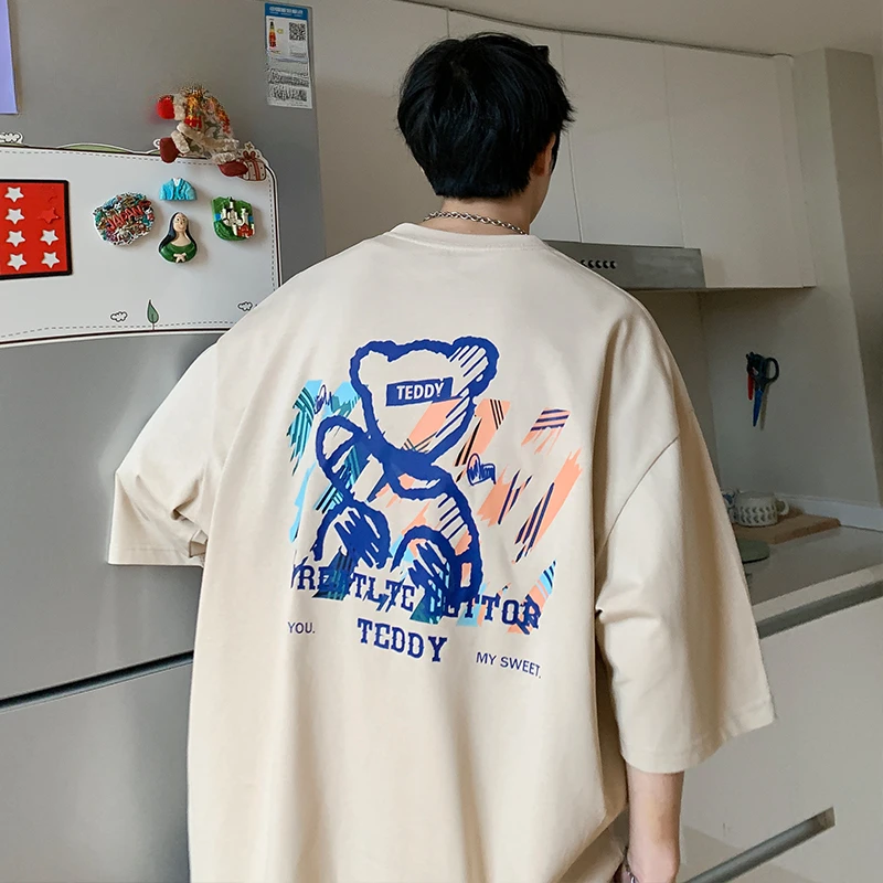 

Large Bear Men Women T-shirt American Retro Oversized Short Sleeve Ins Trendy Cartoon Graffiti Fat Top Summer Graphic T Shirts