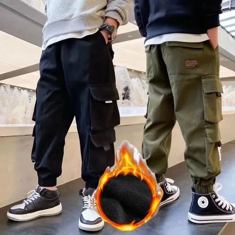 Boys Pants Kids Pants Fleece-lined Casual Loose Fit Winter Warm Cargo Pants Integrated Velvet For Kids Cross-border