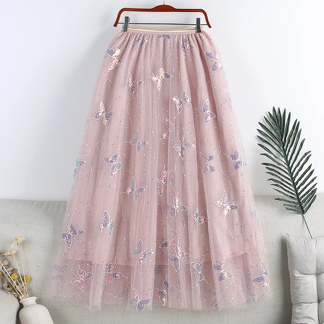 Falda de tul lentejuelas y mariposas bordadas para mujer, faldas largas plisadas de malla de cintura alta elástica, Estilo Vintage, 2022 _ AliExpress Mobile