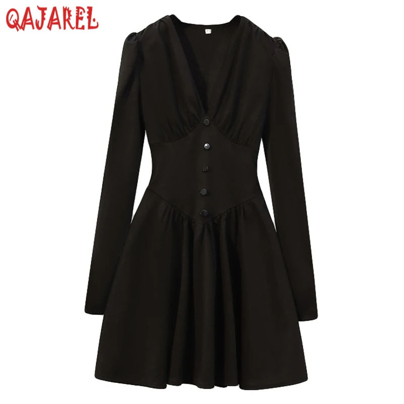 

Женское черное Плиссированное мини-платье с длинным рукавом и V-образным вырезом, корейское винтажное платье Хепберн, Осеннее Новое Элегантное облегающее платье с высокой талией, 2024