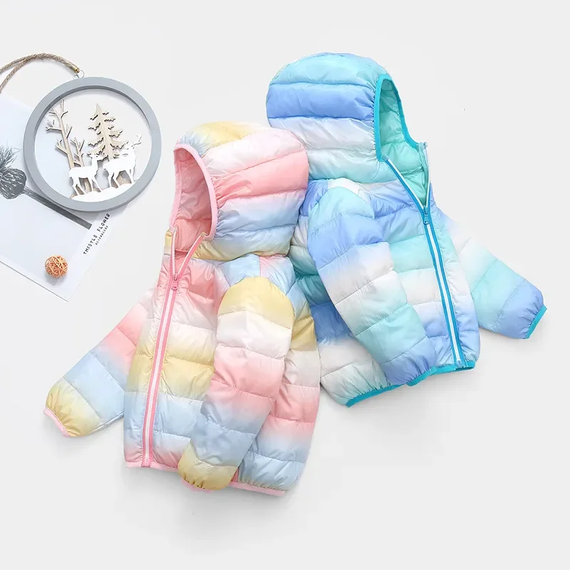 Kids White Duck Down Jackets New Autumn Winter Rainbow Light Weight Down Coats for Girls Boys Hooded Warm Child Clothes