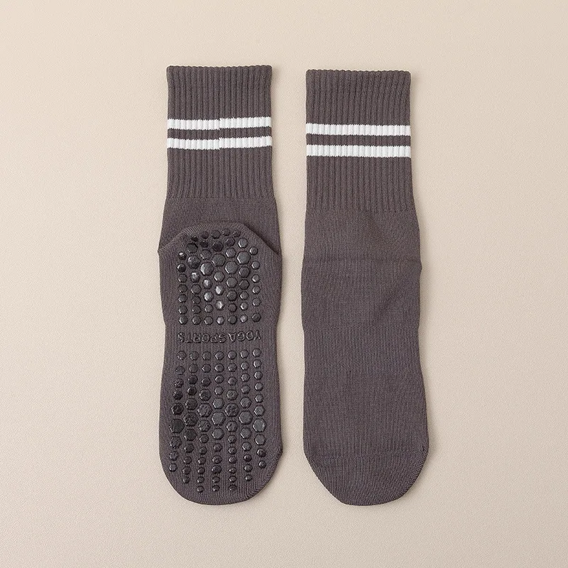 New Cotton Breathable Mid-calf Yoga Socks Solid Color Striped Anti-slip Sports Socks Pilates Dance Fitness Training