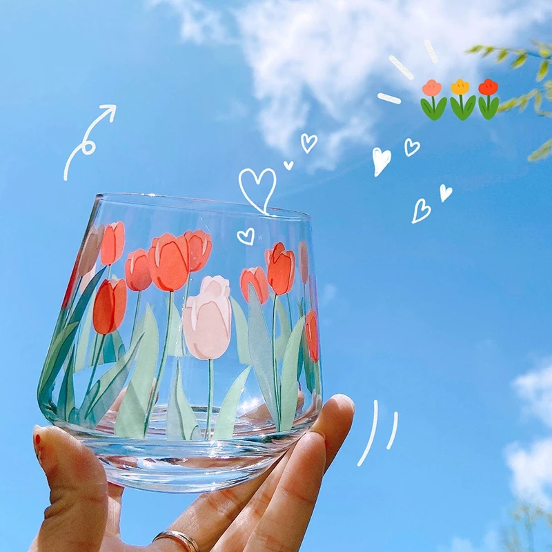 350ml Flower Glass Breakfast Milk Juice Cup Transparent Water Cup Home  Party Drinking Cups Tumbler Cup Cute Glass Cup Kawaii Cup