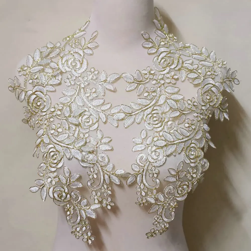 4 Patch Ricamo Fiori In Pizzo Dorato - Per Abiti Da Sposa, Costumi, Riparazioni Cucito Fai Da Te - Foto 7