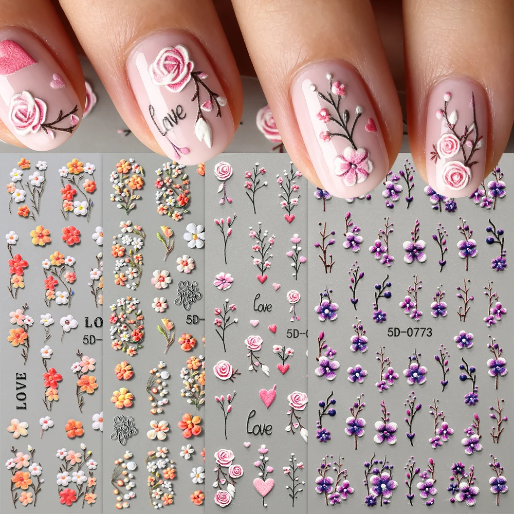 1Pc 5D 양각 라벤더 꽃 네일 스티커 봄 꽃잎 자체 접착 슬라이더 로즈 하트 데칼 매니큐어 장식