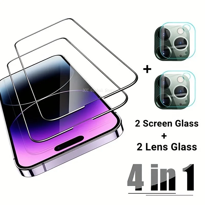 

4 In 1 Full Coverage Tempered Glass For IPhone 11 Pro Max 12 13 Mini 14 Pro Screen Protector For IPhone 15 Plus Camera Lens