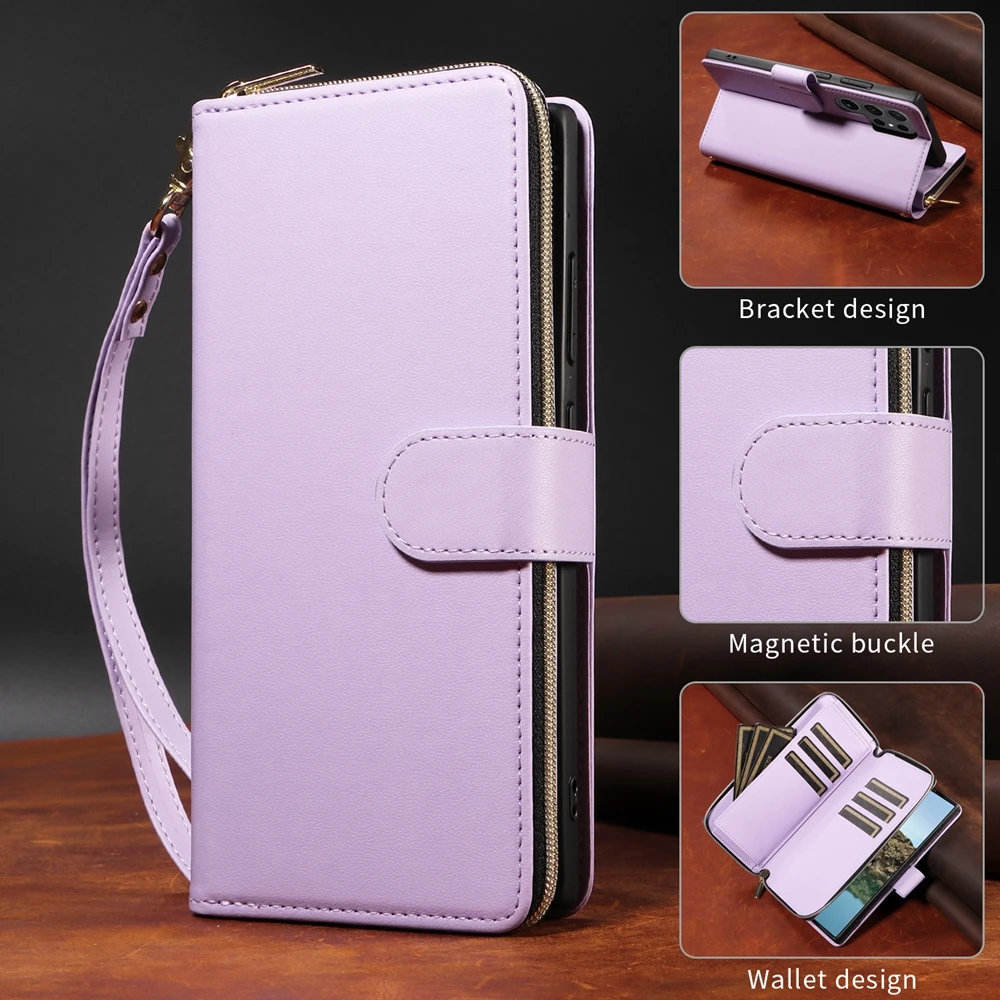 Zipper Wallet Leather Flip Case with Kickstand and Lanyard Phone Cover