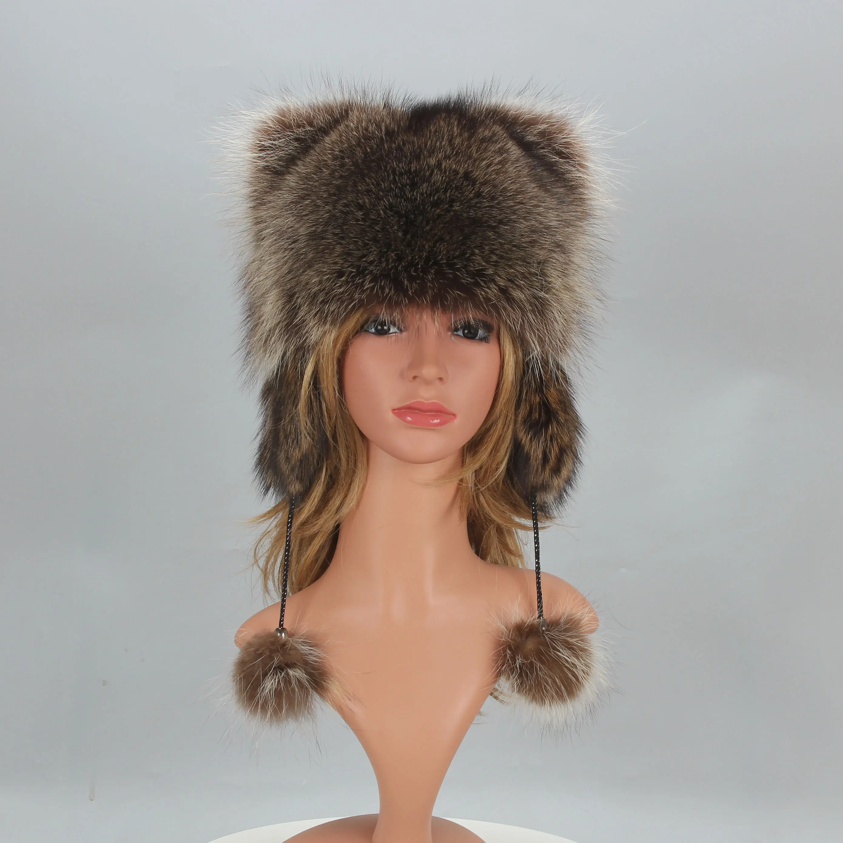 Fur Hat Winter Raccoon Fur Bomber Hat Cat Ears Balls Trapper Hat Women Girls Outdoor Snow Earflap