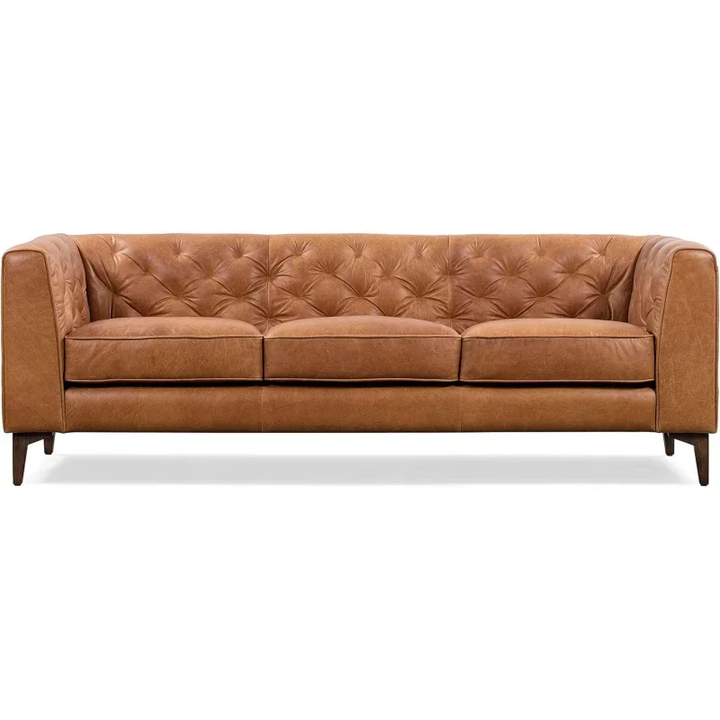 

Poly & BARK Essex Leather Couch – 89-Inch Sofa with Tufted Back - Full Grain Leather Couch with Feather-Down Topper On Seati