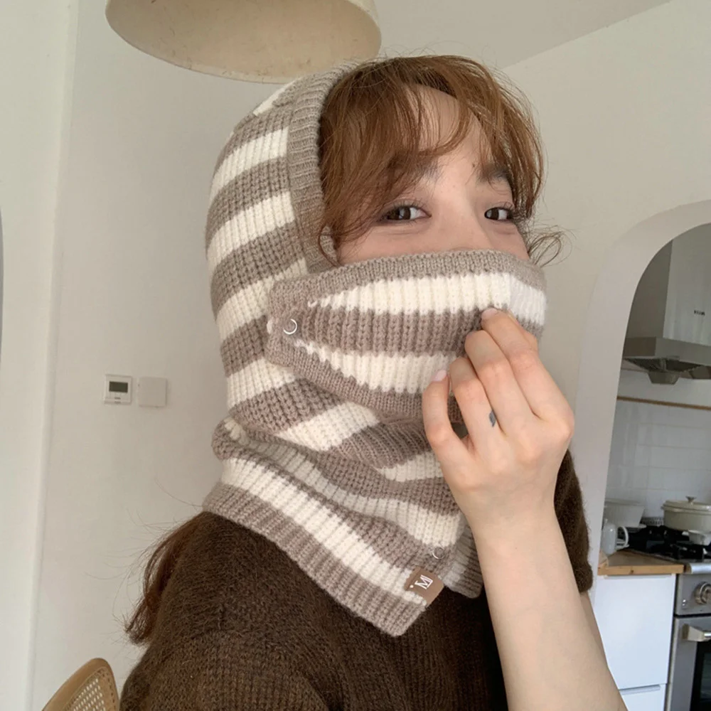 

Knitted Cover Neck Warmer Hat Button Masked Cycling Cap Fashion Pieced Stripes Warm Keeping Neck Protection Hooded Pullover
