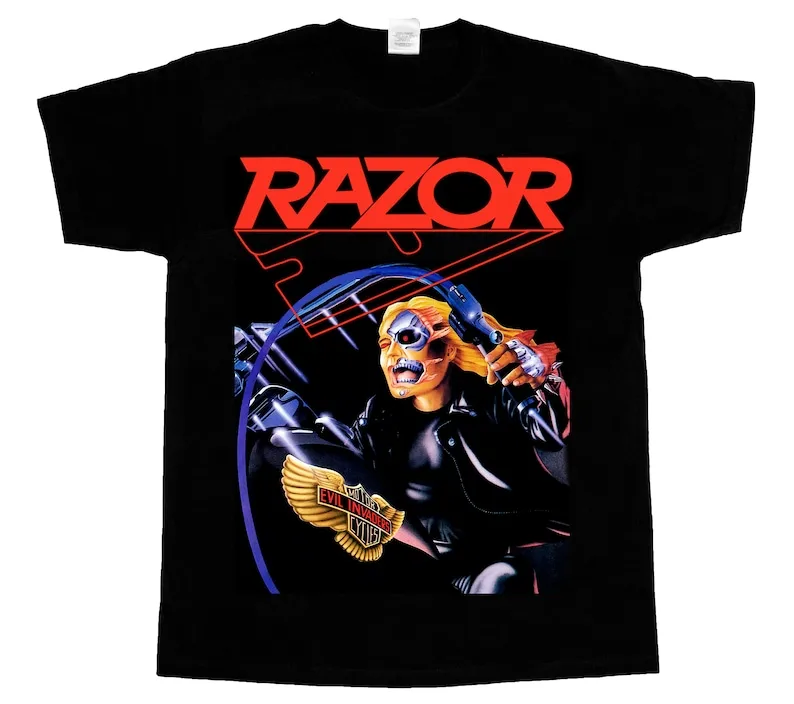 razor evil invaders'85 thrash speed metal sacrifice new black short long sleeve t-shirt