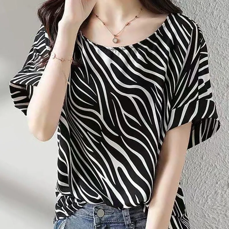 2022 Femme Clothing Summer Chiffon Short Sleeve Shirts for Women Tops and Blouse Printed Black White Loose Striped Pullover 1700 водяное охлаждение id cooling dashflow 360 basic black intel lga20xx 1700 1200 115x amd am5 am4